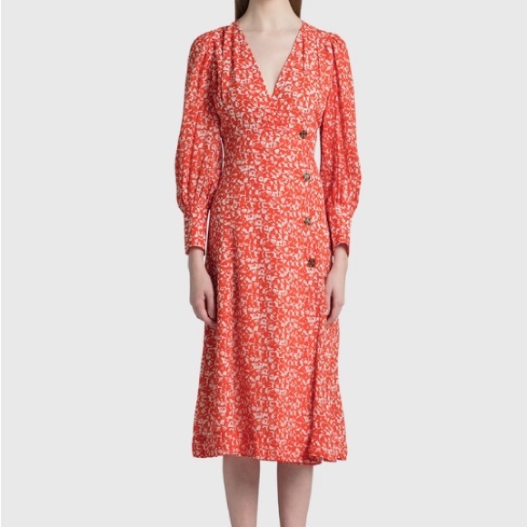 NWT GANNI Balloon-sleeve Floral-print Crepe Midi Dress - Picture 10 of 10